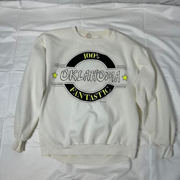 Vintage Sun Sportswear Inc Oklahoma White Crewneck Sweatshirt  Large Neon Yellow - Picture 1 of 6
